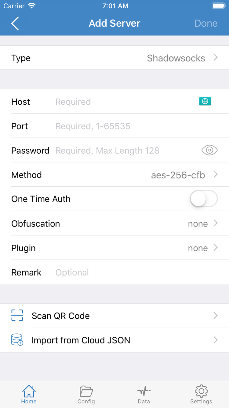 Shadowrocket公式のAdd Server画面。Type、Host、Port、Password、MethodとQRコード読み取り項目を表示
