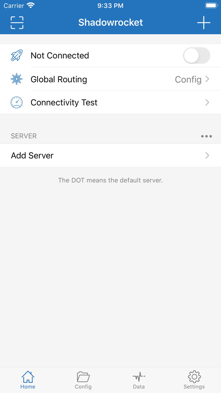 Shadowrocket公式のHome画面。Not Connectedの接続スイッチ、Global Routing、Connectivity Test、SERVERグループ、Add Serverを表示