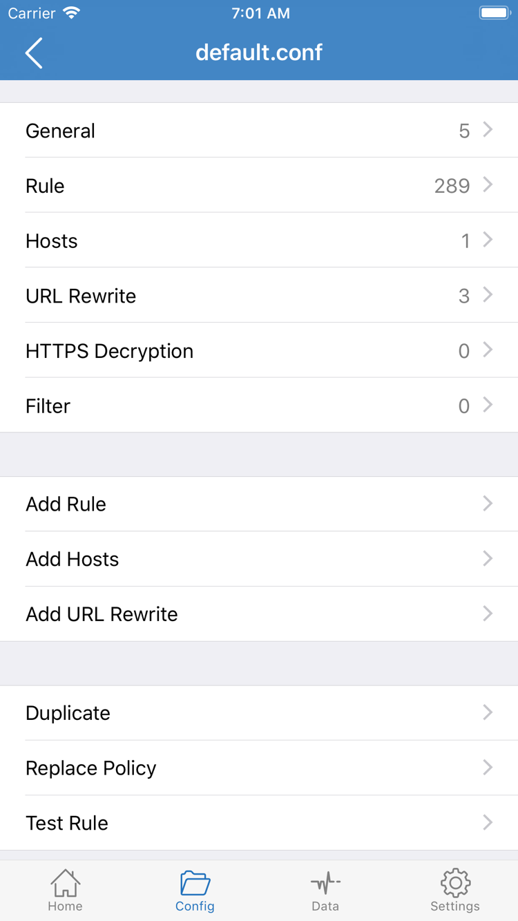 Shadowrocket公式のConfig編集画面。General、Rule、Hosts、URL Rewrite、HTTPS Decryption、Add Ruleを表示